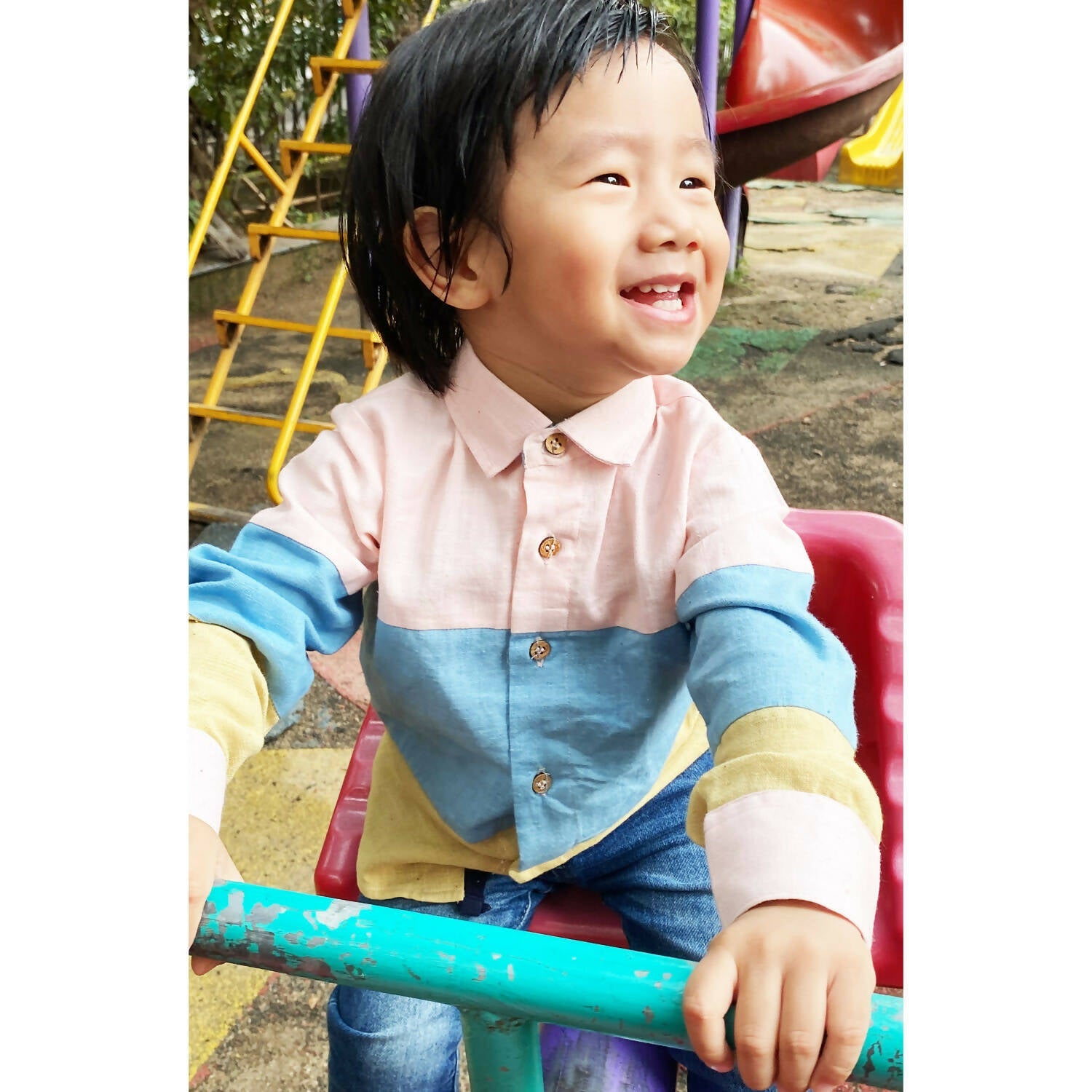 Mhyssa Blue and Yellow Color Blocked Shirt | Grocsy