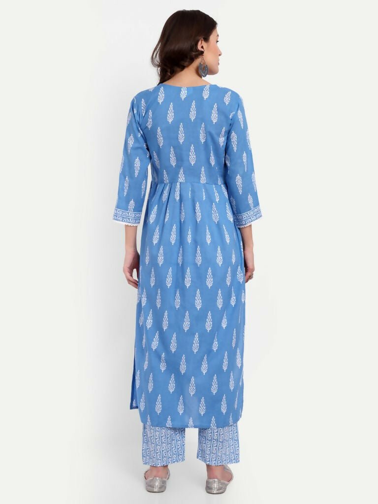 Alvano Printed Naira Cut Kurti with Pant set for Women and Girls Cotton (Blue) | Grocsy