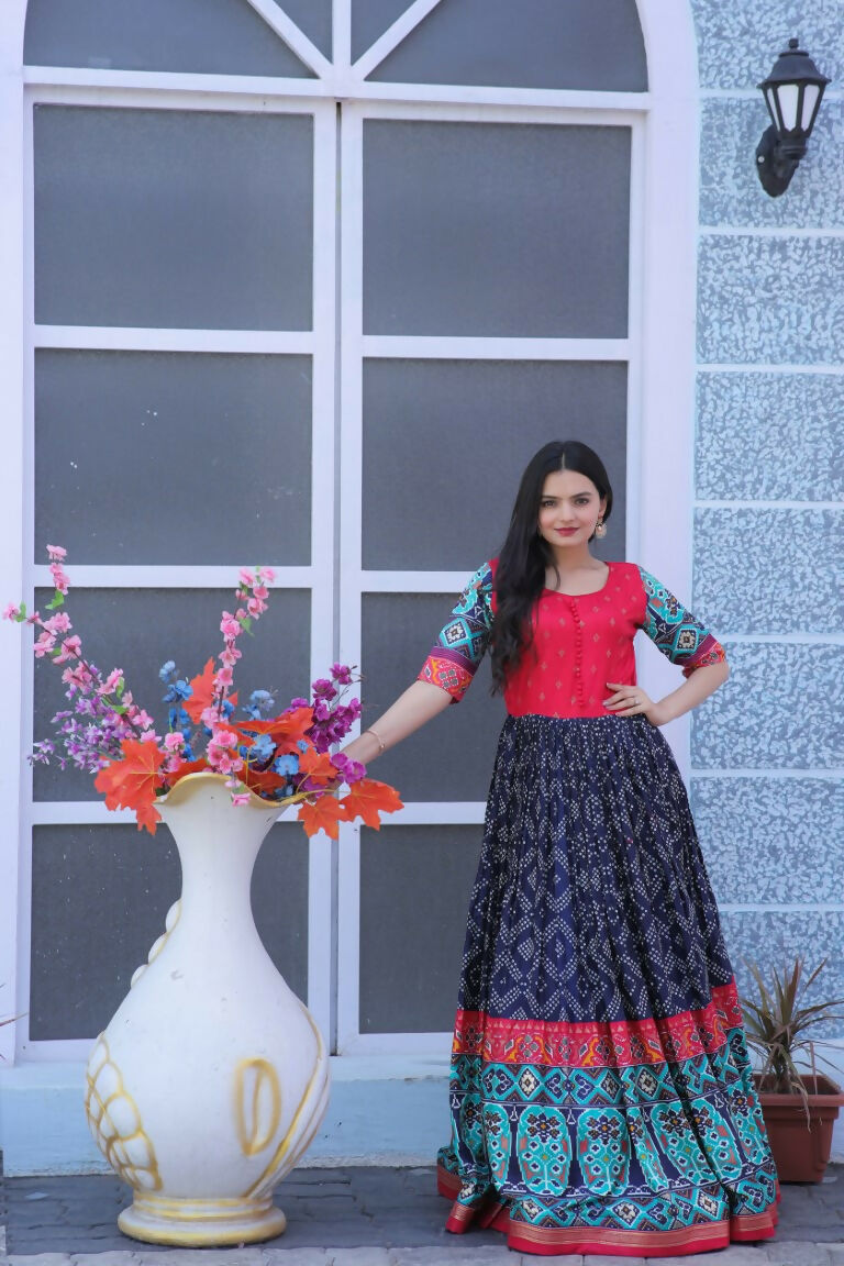 Jyoti Fashion Women's Navy Blue Patola with Foil Print Dola Silk Anarkali Dress | Grocsy
