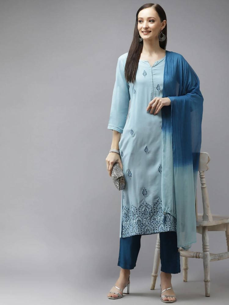 Yufta Women Blue Embroidered Thread Work Kurta with Palazzo & With Dupatta | Grocsy