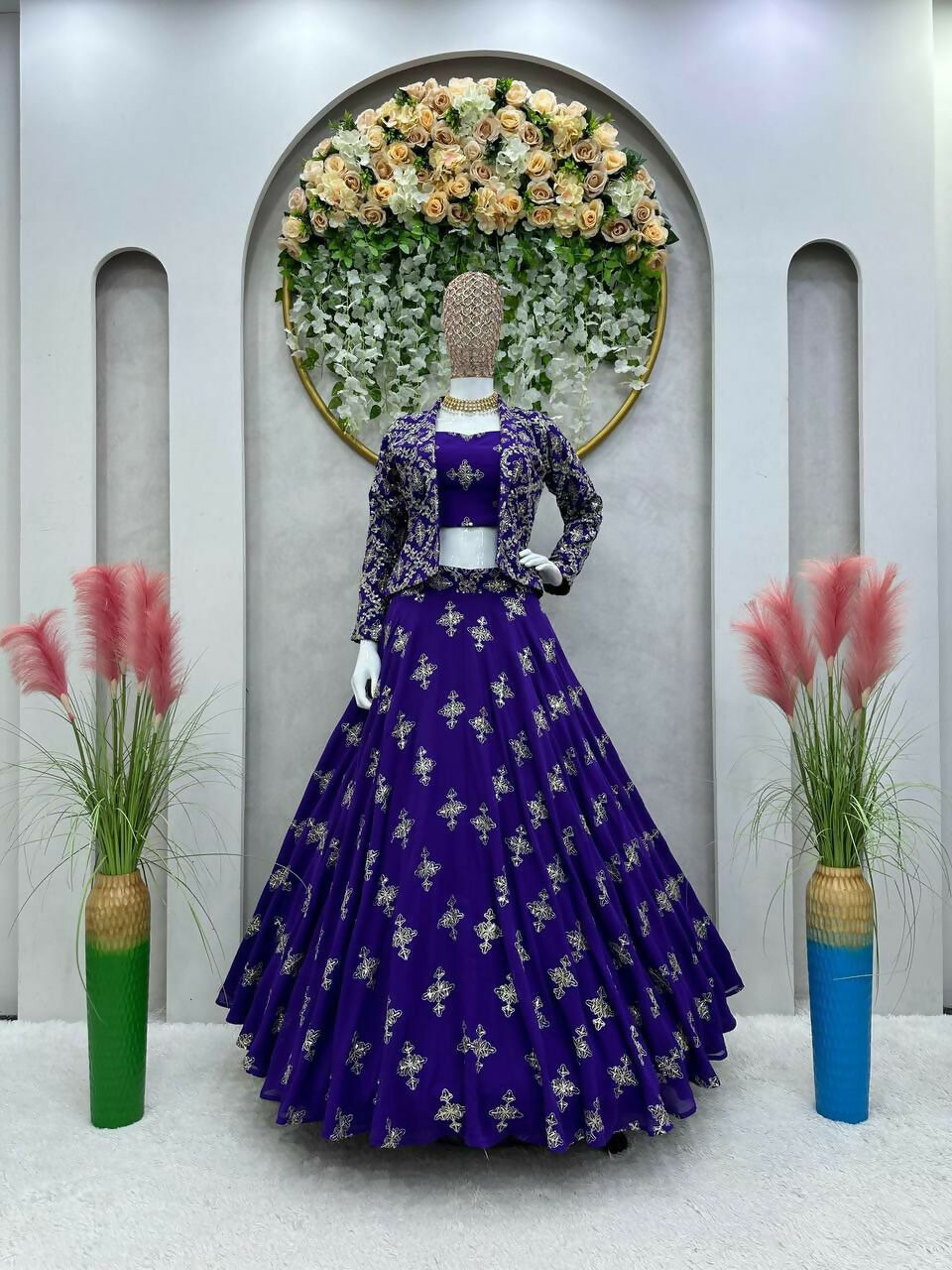 Jyoti Fashion Women's Royal Blue Faux Georgette Sequins with Thread Embroidered Designer Lehenga Choli with Jacket Set | Grocsy