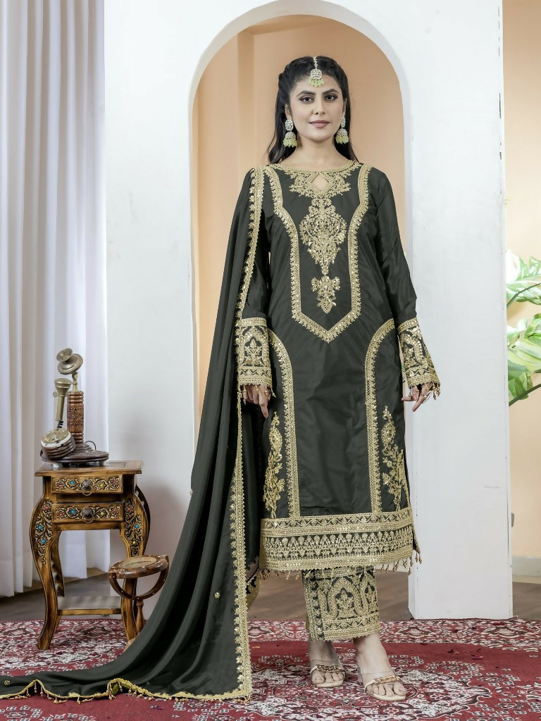 Teeya Creation Black Color Chinnon Silk Embroidery Work Fully Stitched Salwar Suit | Grocsy