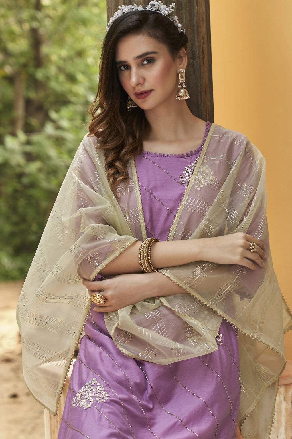 Lavender Chinon Embroidered Kurta and Bottom with Dupatta - Akashara | Grocsy