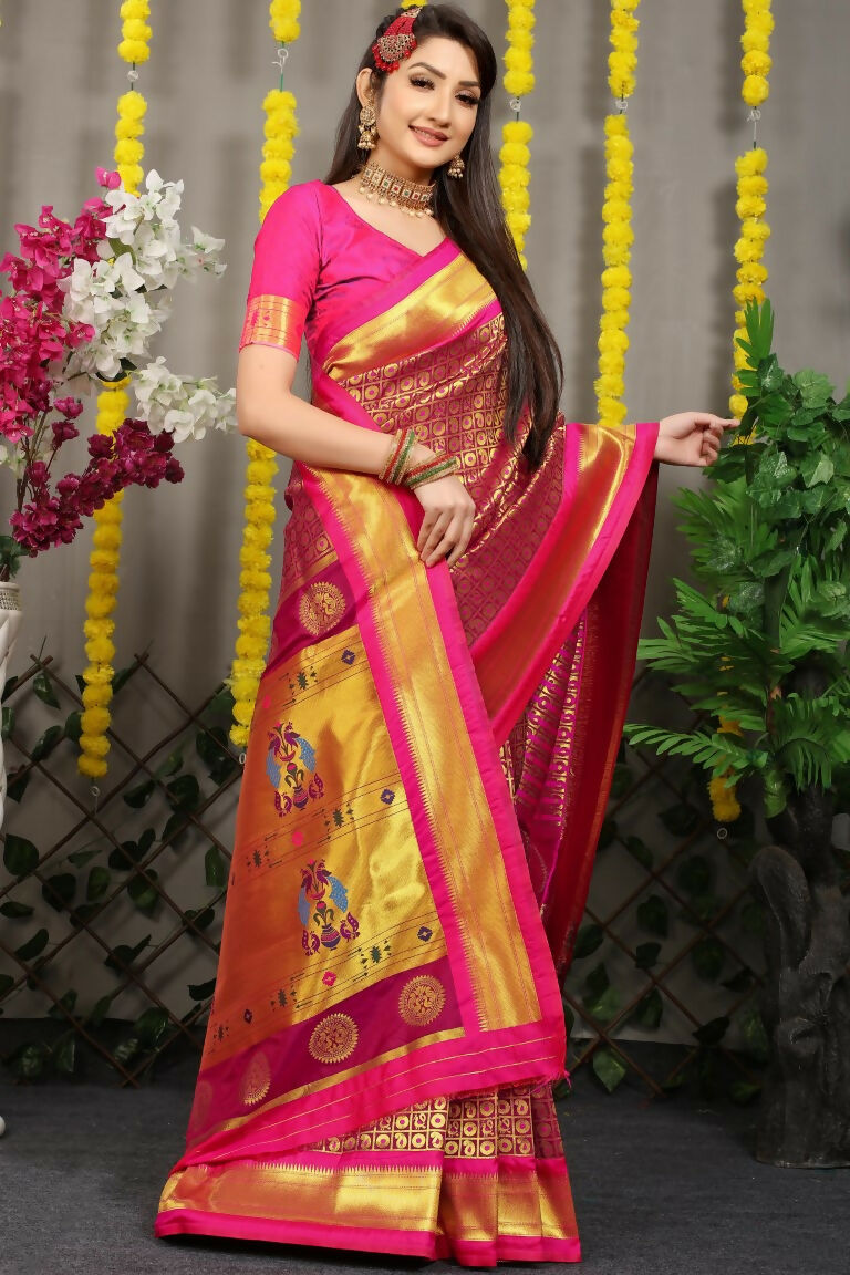 Jyoti Fashion Women's Magenta Banarasi Silk Zari Woven Saree with Blouse | Grocsy