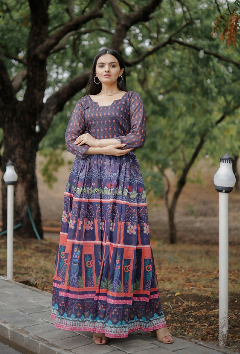 Jyoti Fashion Women's Purple Heavy Digital Printed Pure Chanderi Anarkali Dress | Grocsy