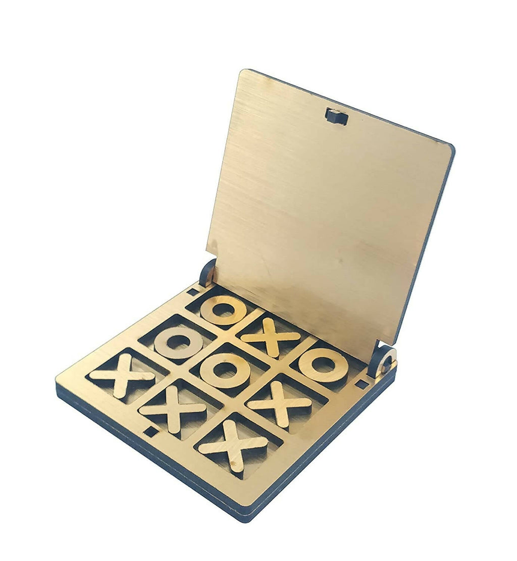 Kraftsman Wooden Tic Tac Toe Portable Game for Kids, Teens and Adults with Golden Mirror Shade Strategy & War Games Board Game | Grocsy