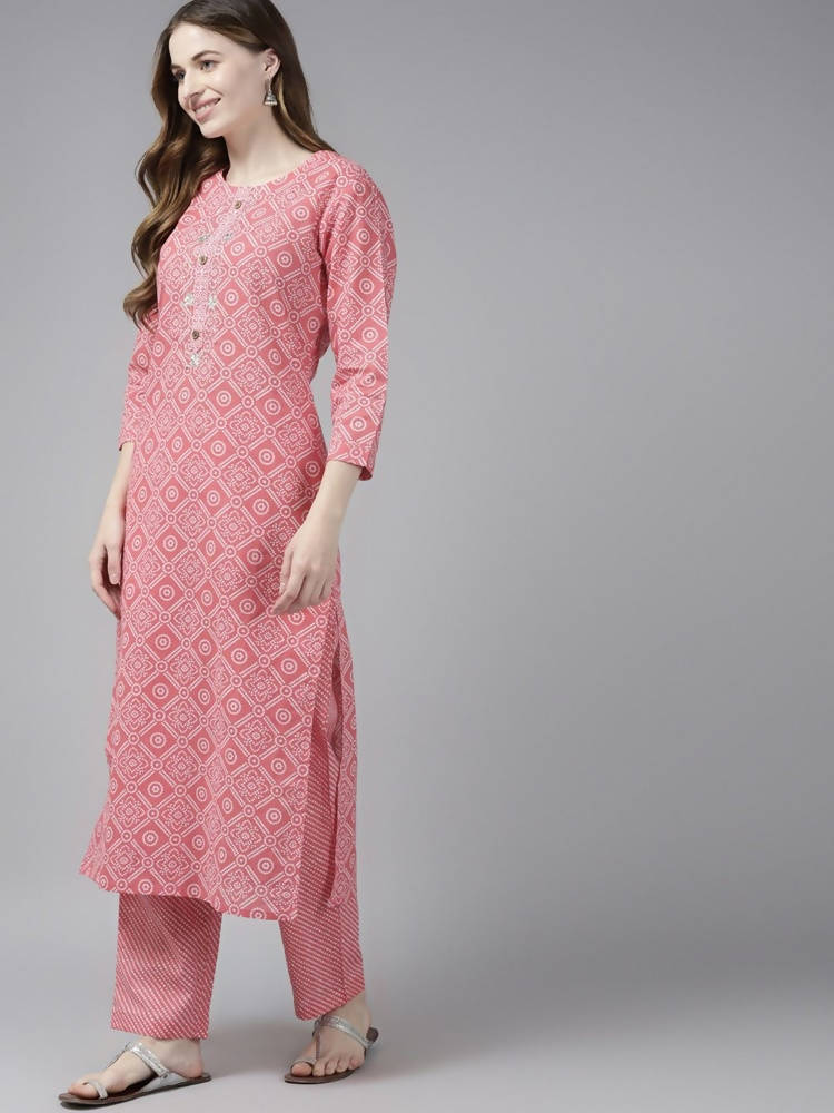 Yufta Women Pink Printed Regular Pure Cotton Kurta with Palazzo and Dupatta | Grocsy
