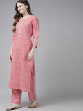 Yufta Women Pink Printed Regular Pure Cotton Kurta with Palazzo and Dupatta | Grocsy