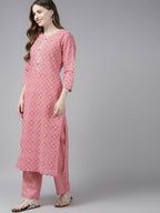 Yufta Women Pink Printed Regular Pure Cotton Kurta with Palazzo and Dupatta | Grocsy