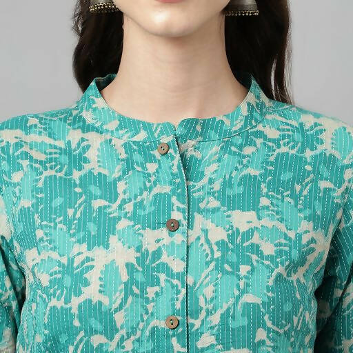 FIORRA Women's Floral Printed Teal Green Pure Cotton Straight Kurta | Grocsy