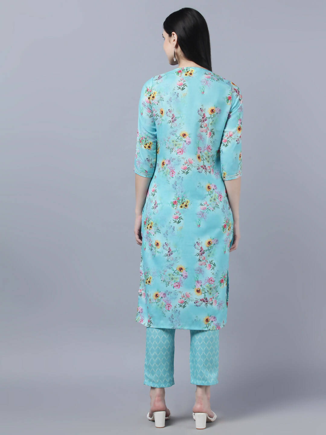Myshka Women Blue Yellow Printed Kurta with Trousers | Grocsy