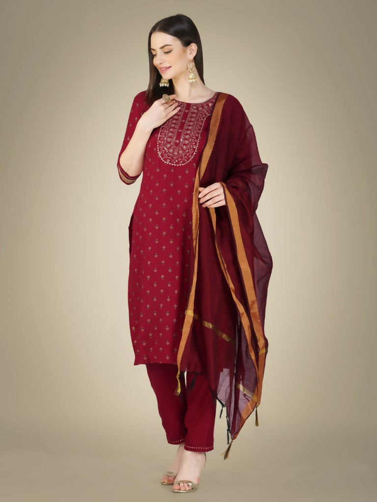 Jyoti Fashion Women's Maroon Cotton Magic Slub Embroidery & Sequence work Kurta with Trouser & Dupatta | Grocsy