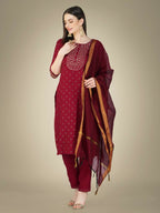 Jyoti Fashion Women's Maroon Cotton Magic Slub Embroidery & Sequence work Kurta with Trouser & Dupatta | Grocsy
