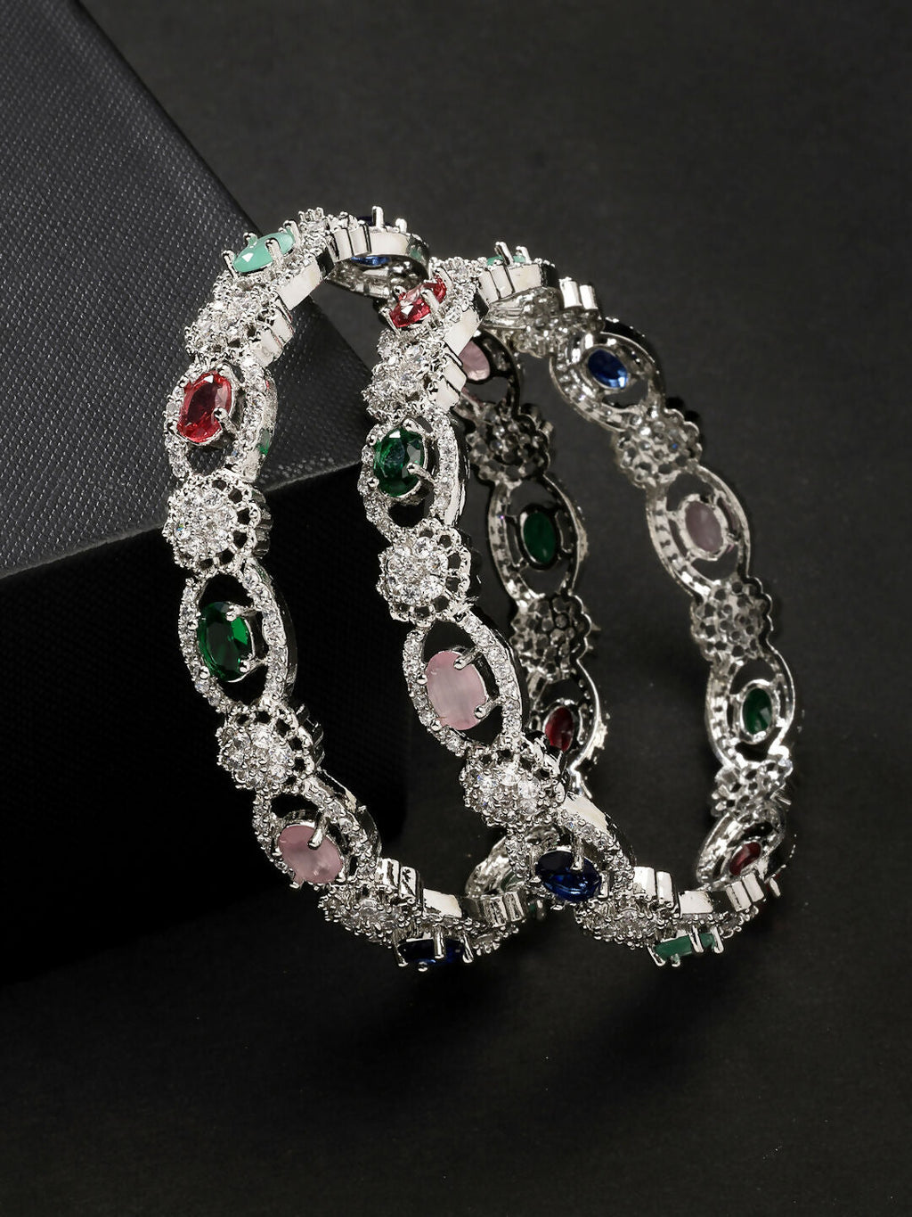 NVR Women's Set of 2 Multi-Coloured CZ Stone-Studded Handcrafted Bangles