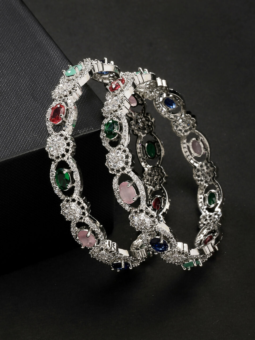 NVR Women's Set of 2 Multi-Coloured CZ Stone-Studded Handcrafted Bangles