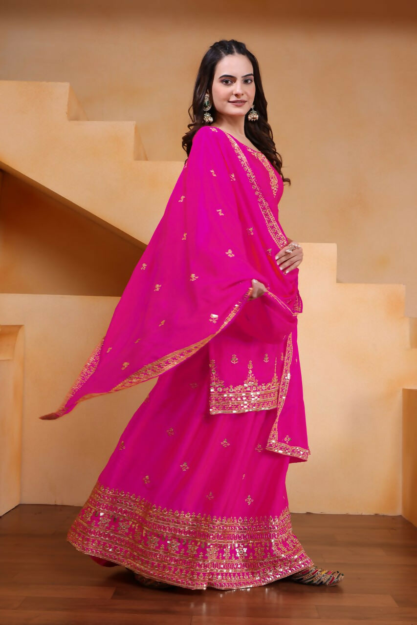 Teeya Creation Pink Color Chinon Silk Wedding Wear Trending Palazzo Set | Grocsy
