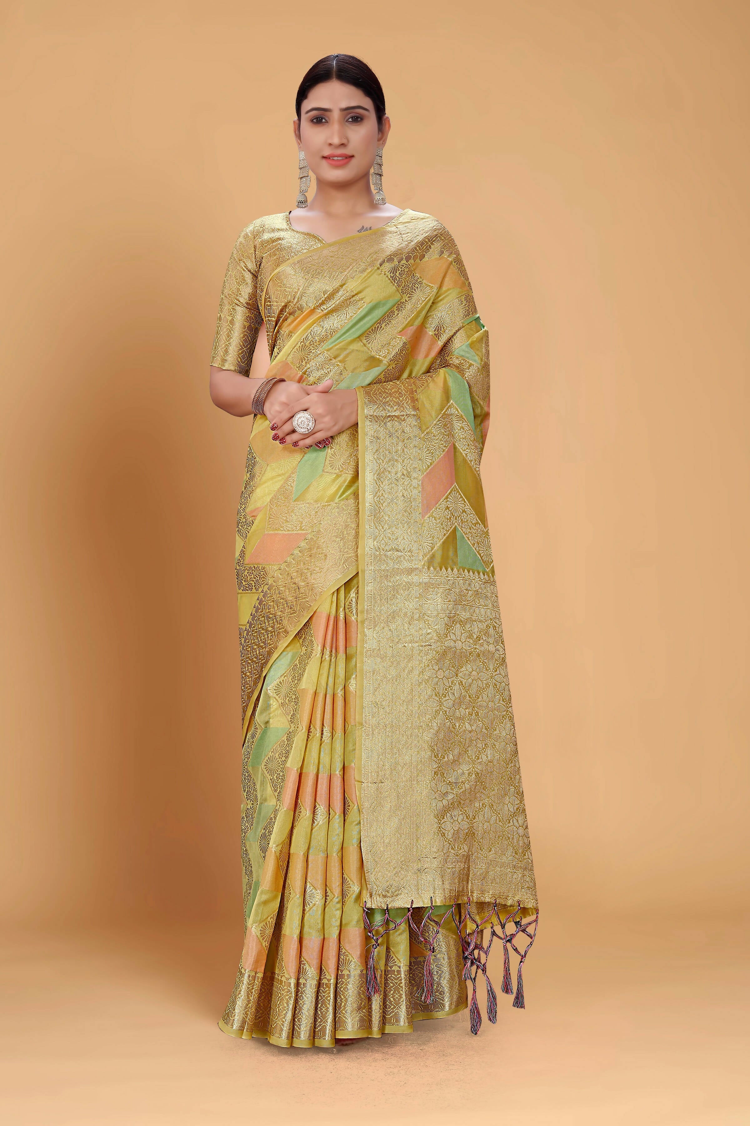 Pista Soft Organza Woven Design Saree With Unstitched Blouse Piece - Zaara | Grocsy