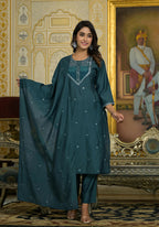 Juniper Women's Rama Green Thread Embroidered Viscose Kurta Pant And Dupatta Set With Sequins Work | Grocsy