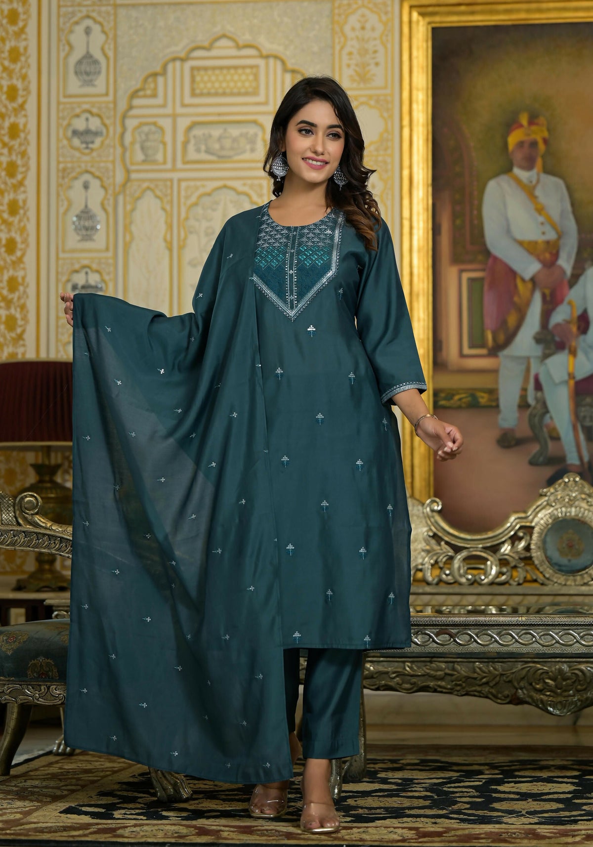 Juniper Women's Rama Green Thread Embroidered Viscose Kurta Pant And Dupatta Set With Sequins Work | Grocsy