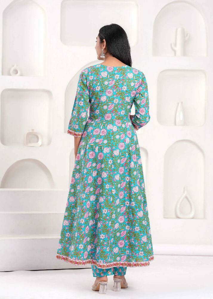 Jaimini Women Cotton Printed V-Neck 3/4 Sleeves Calf Length Angrakha Kurta Pant And Dupatta Set | Grocsy