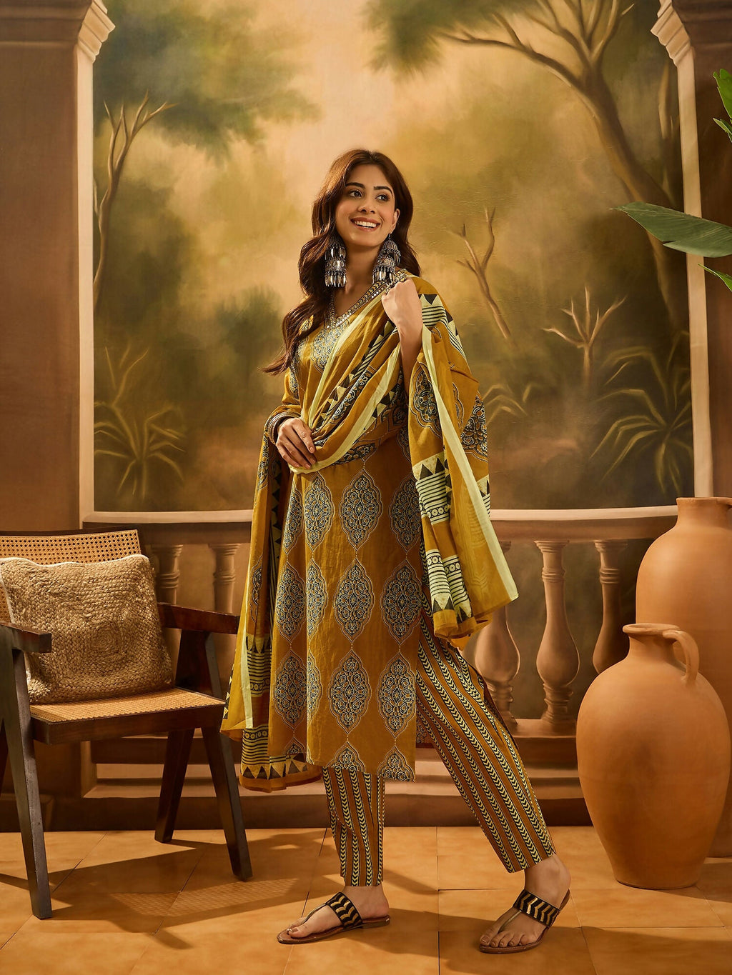Joban Fashion Printed Mustard Pure Cotton Kurta Set | Grocsy