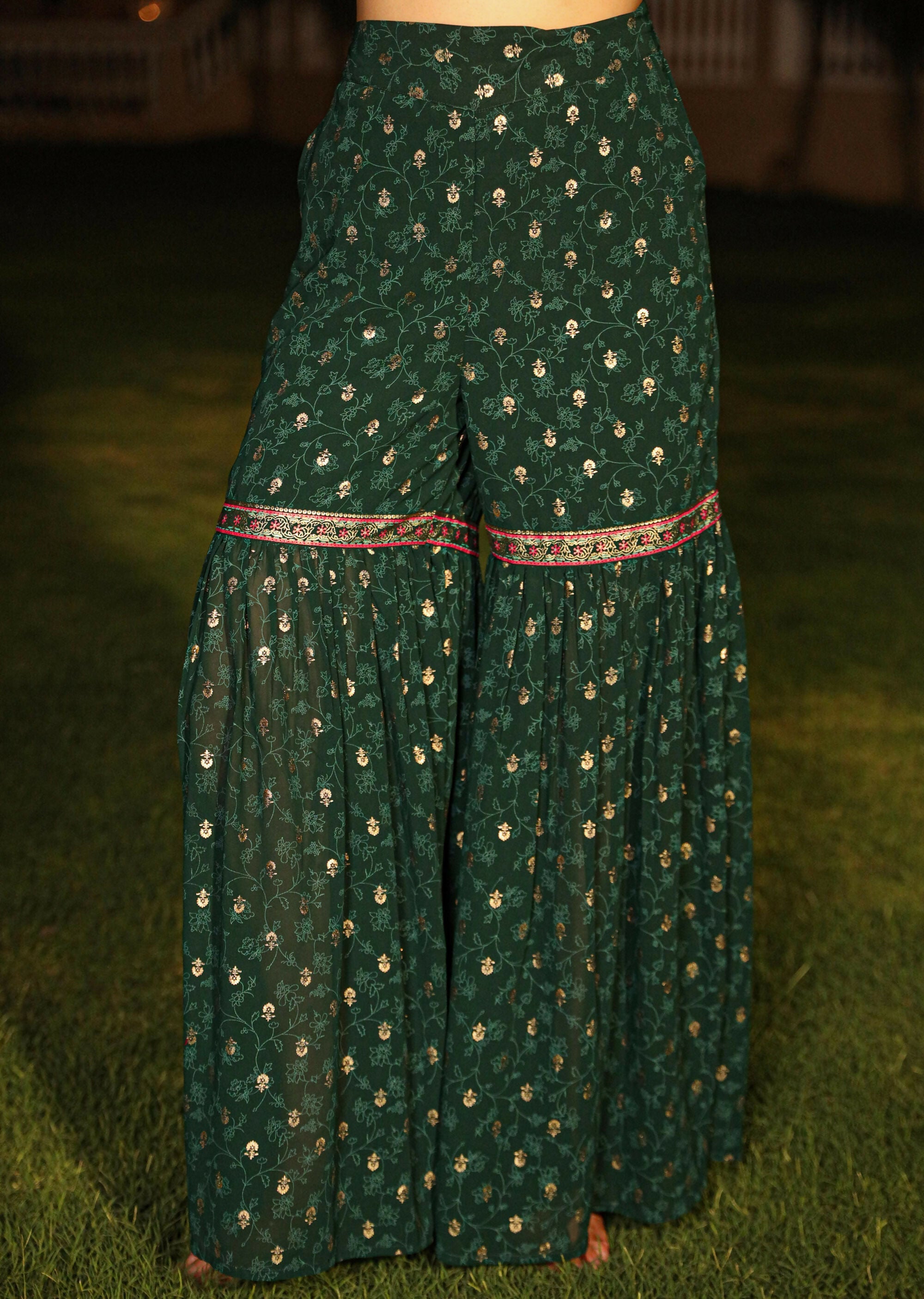 Juniper Women's The Swarn Jade Green Ethnic Motif Printed Georgette Kurta Pant And Dupatta With Sequins & Zari Work | Grocsy