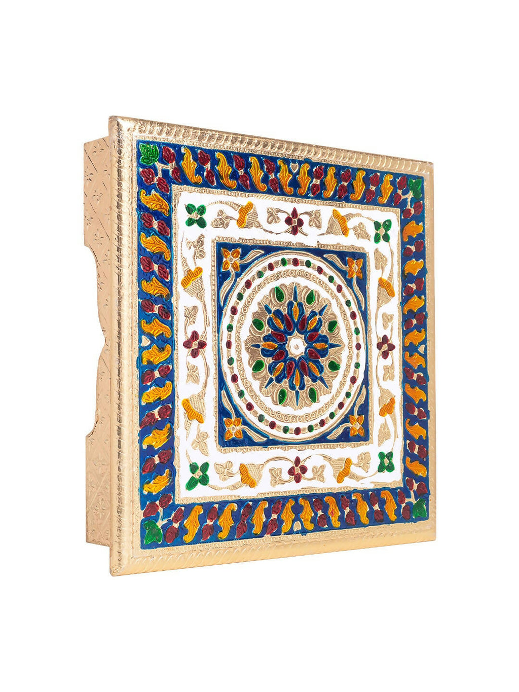 Golden Peacock Gold-Toned & Red Handcrafted Meenakari Wooden Chowki | Grocsy