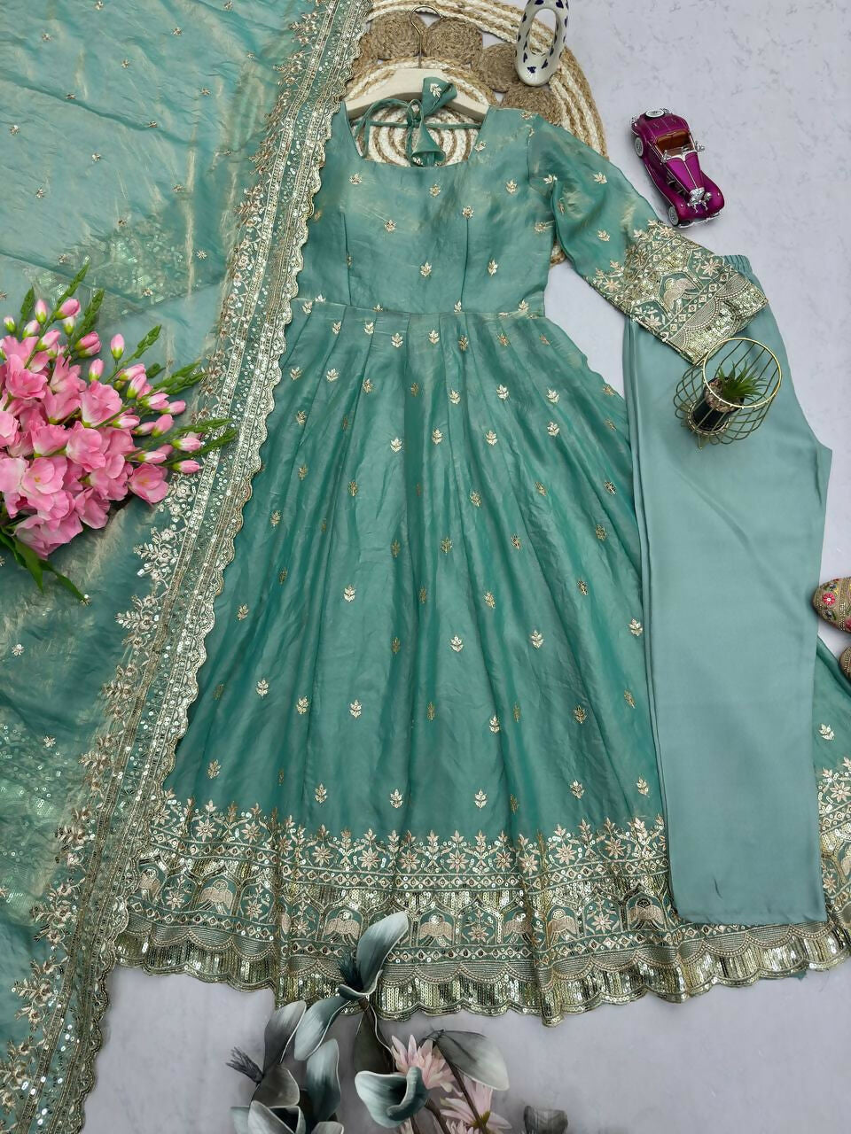 Teeya Creation Teal Fendy Silk Designer Heavy Work Wedding Wear Long Gown | Grocsy