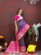 Lorenvalley Fashion Purple & Magenta Patola Silk Woven Design Meenakari Weaving Saree | Grocsy