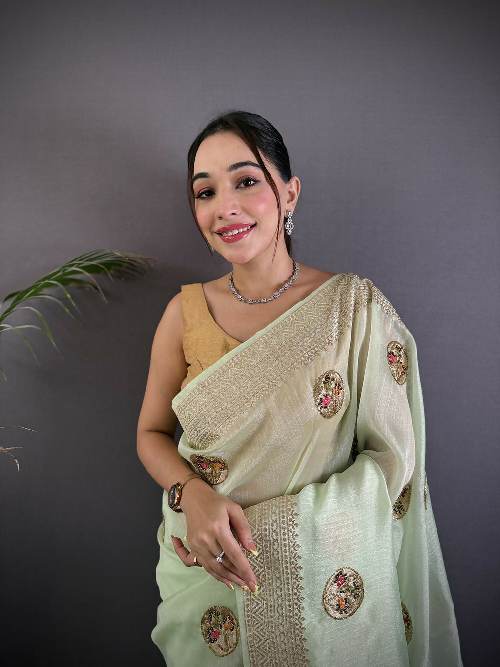 Joban Fashion Light Green Handloom Banarasi Organza Silk Khatali Butta Work Saree | Grocsy