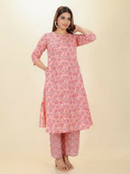 Aramya Pink Soft Cotton Floral Print A-line Kurta Set for Women | Grocsy