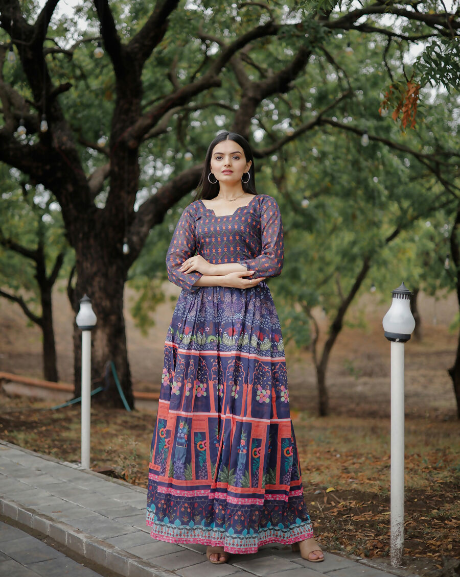 Aayaa Pure Chanderi Gown With Heavy Digital Print - Multi Color | Grocsy