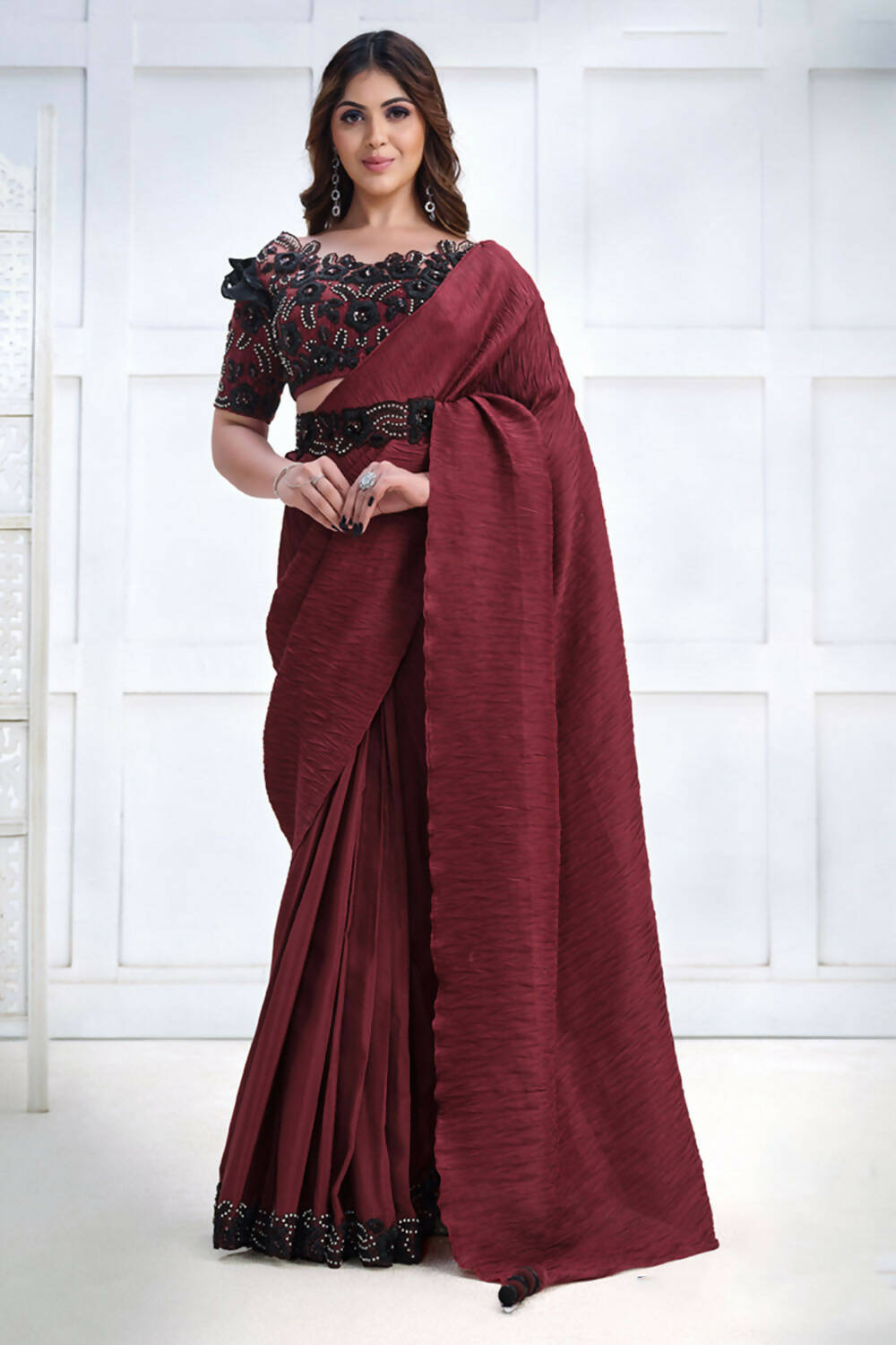 Maroon Crepe Silk Georgette Texture with Cord, Sequence Embroidered & Stone work Saree - Mohmanthan Majestica | Grocsy
