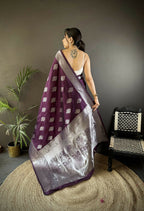 Joban Fashion Wine Floral Motifs Soft Silk Banarasi Saree | Grocsy