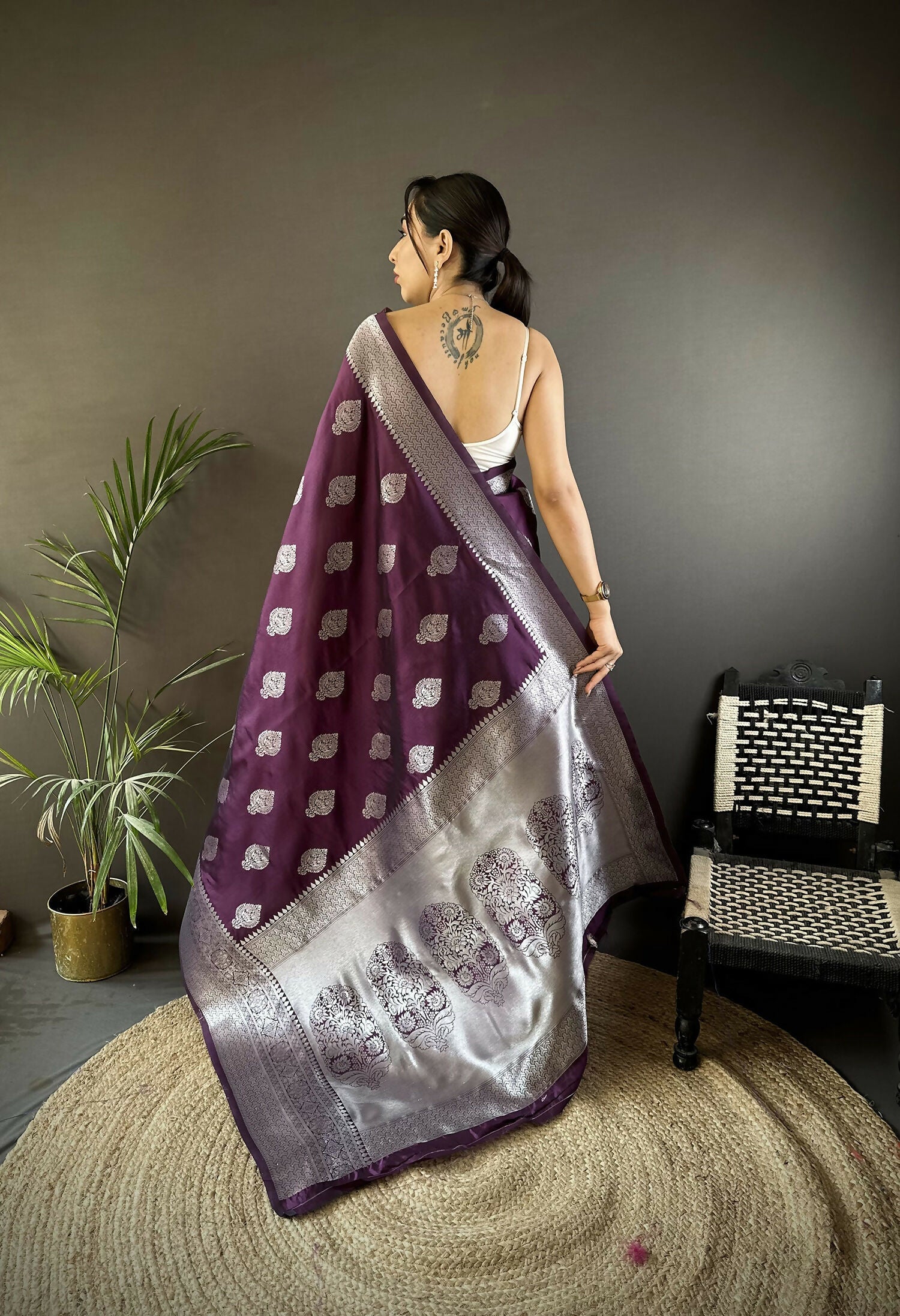 Joban Fashion Wine Floral Motifs Soft Silk Banarasi Saree | Grocsy