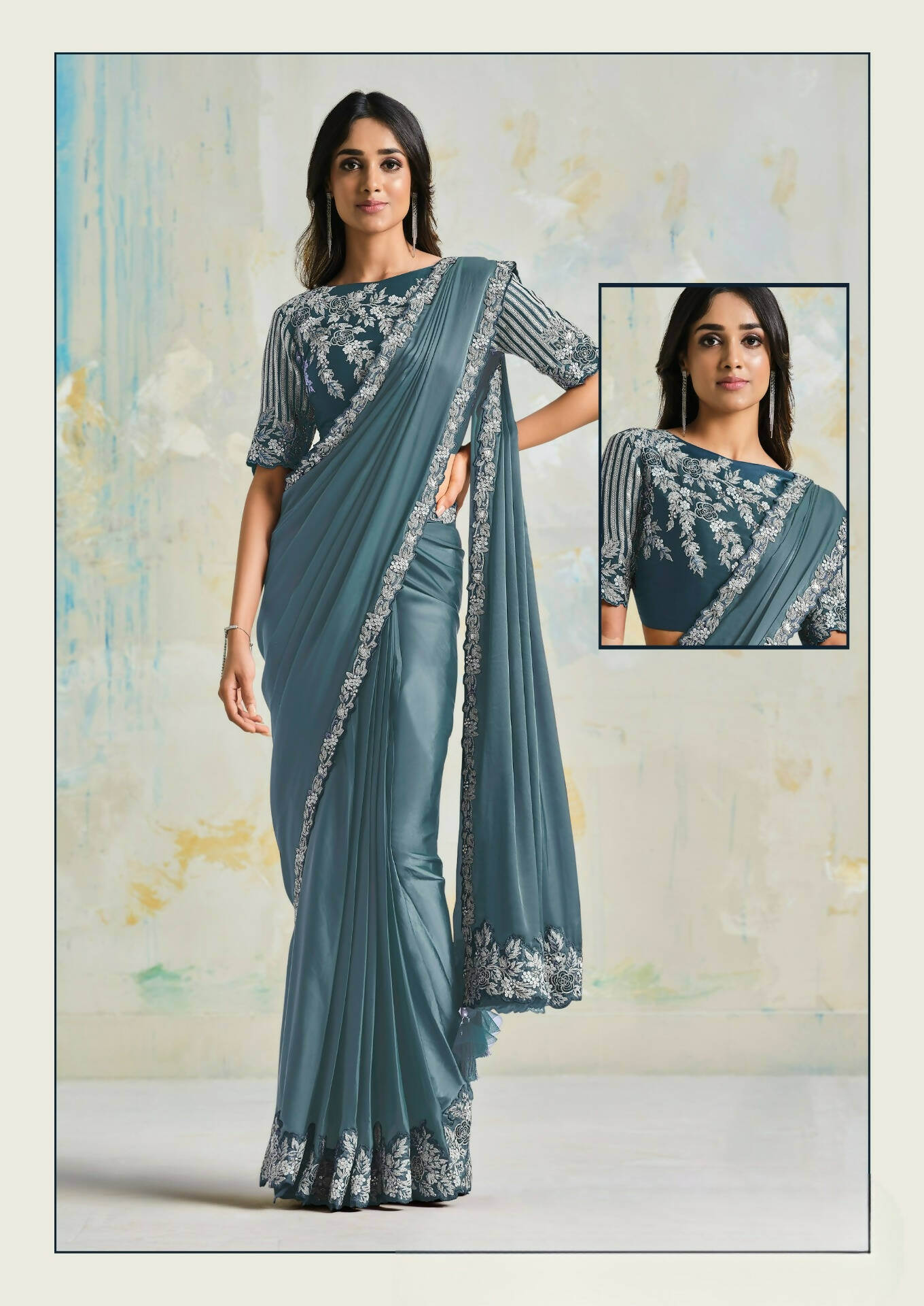 Satin Silk Crepe Saree With Stitched Blouse - Mohmanthan Royal | Grocsy