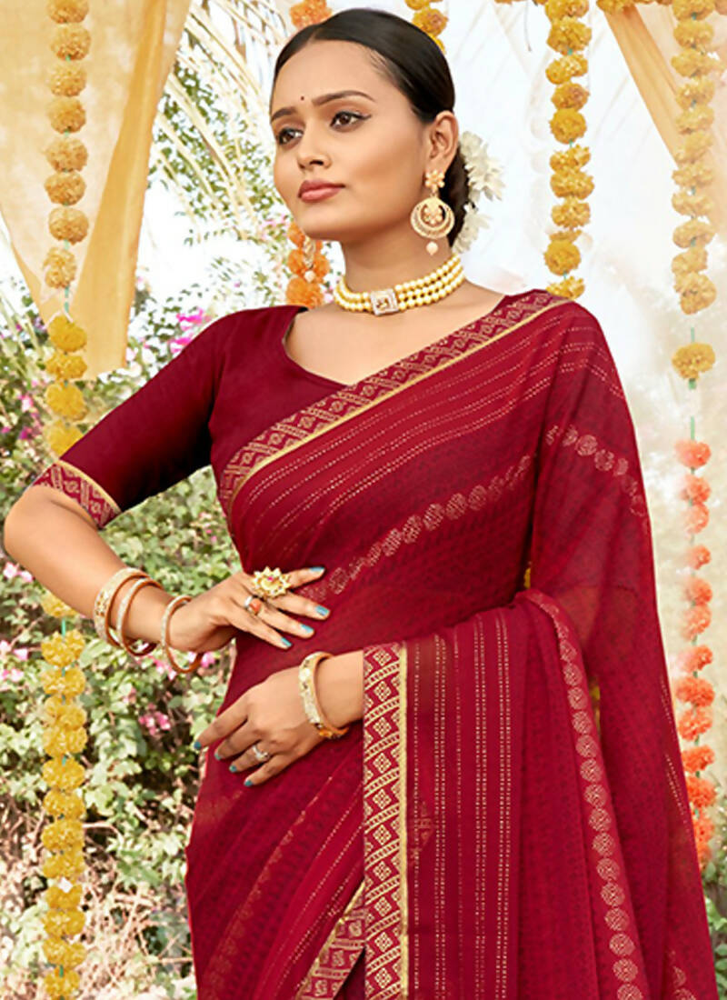 Maroon Georgette Foil Printed Saree with Unstitched Blouse Piece - Avika | Grocsy