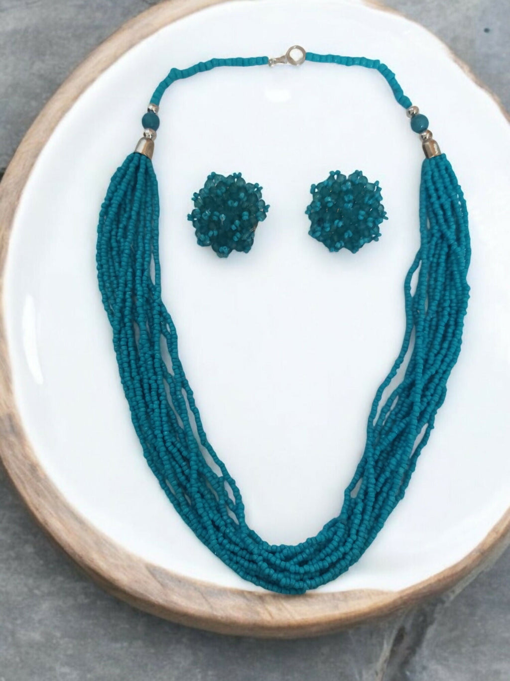 Inhanns Bloom Handmade Beaded Necklace With Earrings - 12 Layers - Skey Blue Necklace Set | Grocsy