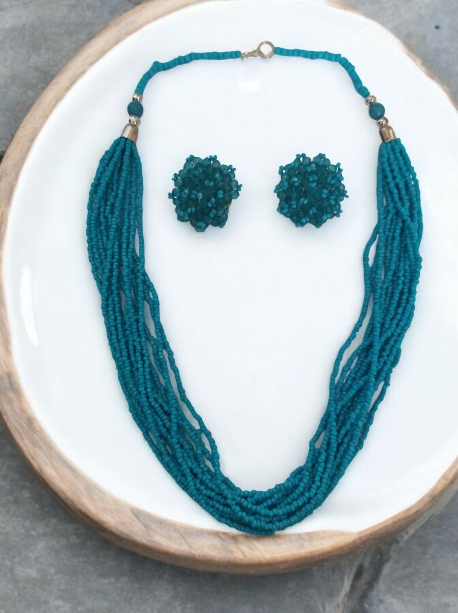 Inhanns Bloom Handmade Beaded Necklace With Earrings - 12 Layers - Skey Blue Necklace Set | Grocsy