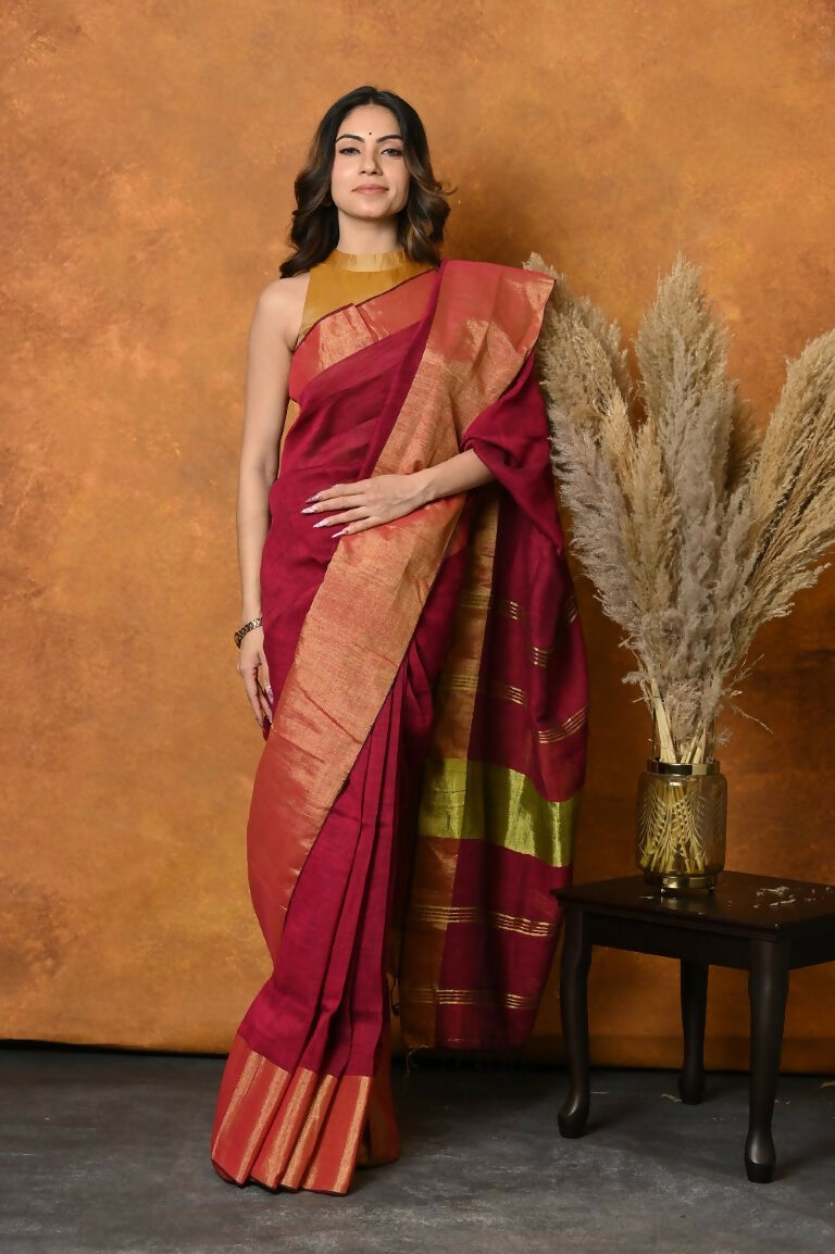 Very Much Indian Handloom Pure Cotton Linen Saree With Golden Border - Maroon | Grocsy