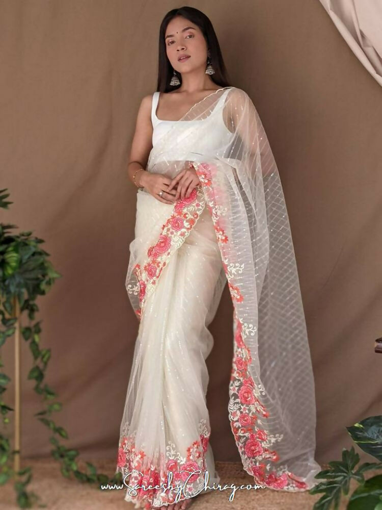 Vamsee Murari White Super Net Saree | Grocsy