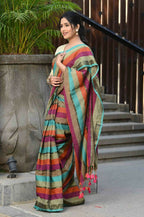 Beatitude Multicolor Cotton Stripes Golden Zari Saree | Grocsy