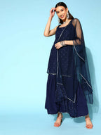 Ahalyaa Women Navy Blue Colour Crepe Foil Printed Kurta Sharara Set With Dupatta | Grocsy