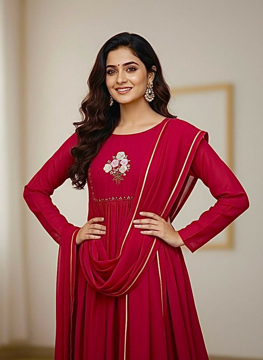 Teeya Creation Womens New Simply Wear Pure Mul Viscos Chanderi Cotton Red Gown Set | Grocsy