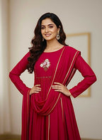 Teeya Creation Womens New Simply Wear Pure Mul Viscos Chanderi Cotton Red Gown Set | Grocsy