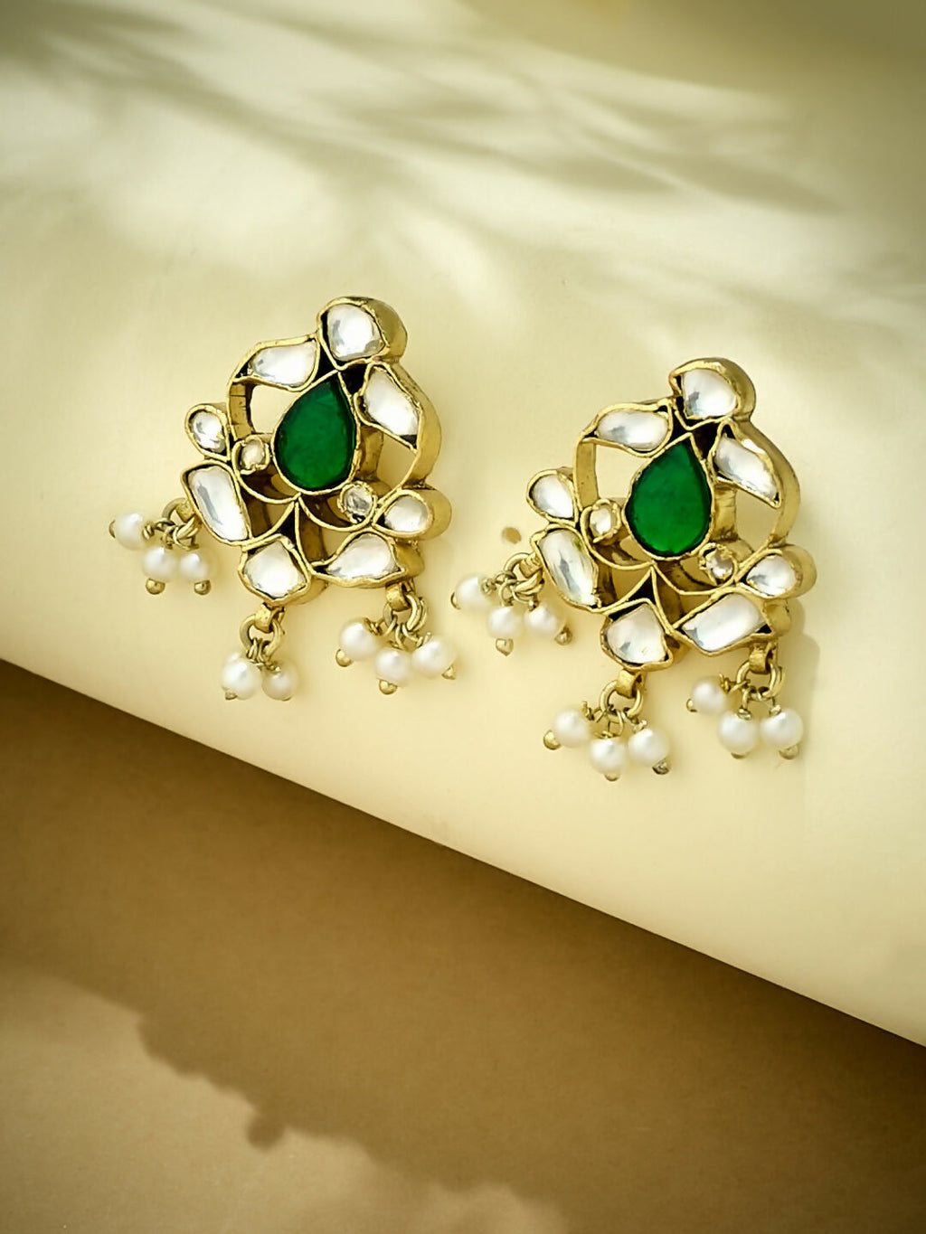 Nuyug 22K Gold-Plated Elegant Kundan & Green Stone Studded Pearl Drops Studs | Grocsy