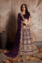 Jyoti Fashion Mesmerizing Wine Sequins Embroidered Velvet Lehenga Choli with Dupatta | Grocsy