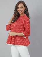 Janasya Women's Red Cotton Floral Print Flared Top | Grocsy