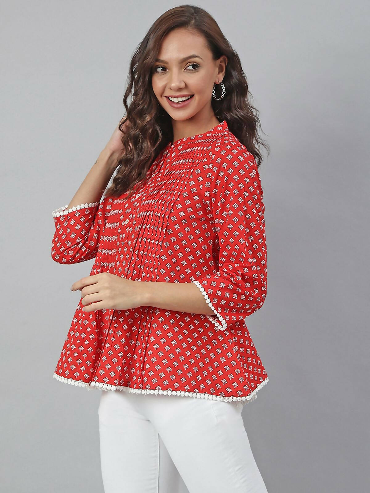 Janasya Women's Red Cotton Floral Print Flared Top | Grocsy