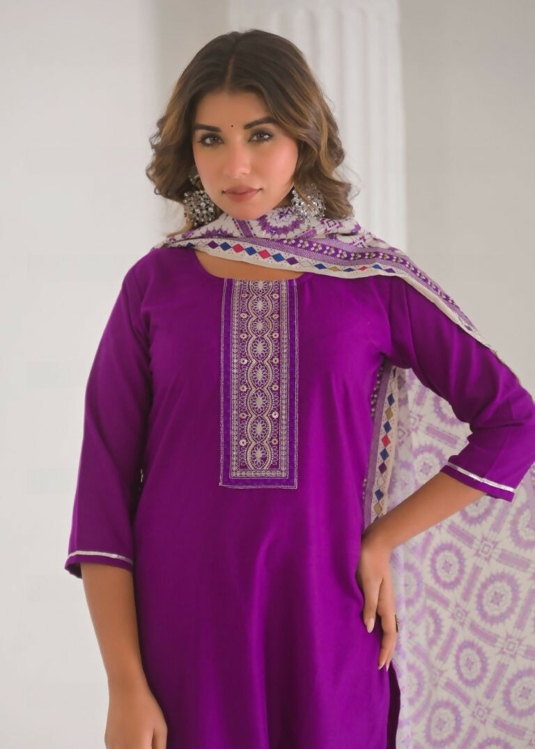 Festive Ethnic Viscose Chanderi Purple Stitched Suit With Dupatta - Rashmika | Grocsy